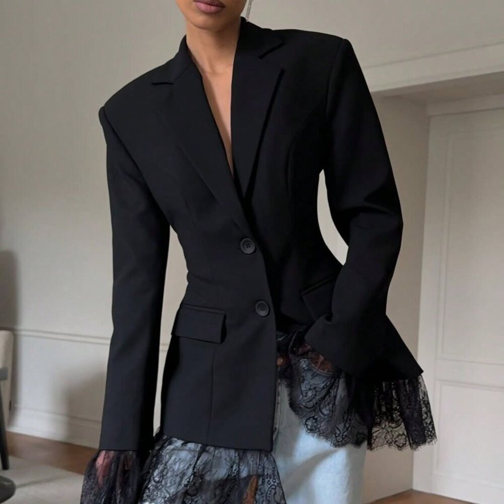 Black Elegant Women's Patchwork Lace Blazer Jacket with Button Waist
